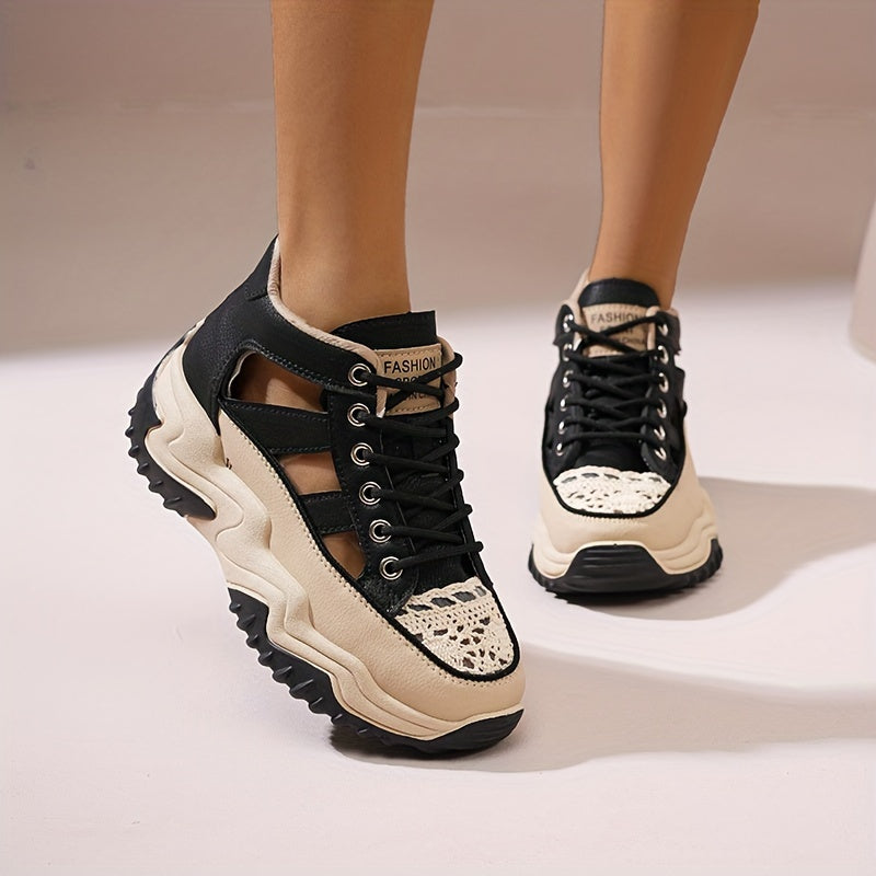Fashionable Womens Platform Sneakers - Breathable Hollow Out Design - Lightweight Summer Shoes for Stylish Outdoor Adventures - Versatile Lace-Up High Tops for All-Day Comfort