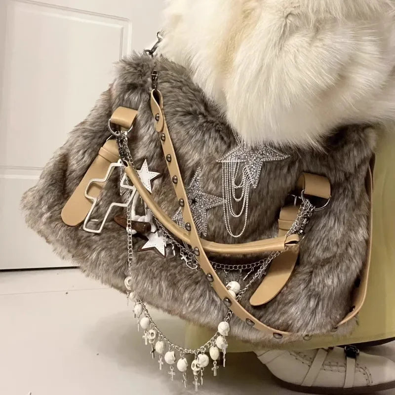 Ingvn  Y2k Gothic Womens Tote Bag Fluffy Harajuku Fashion Chains Patchwork Winter Shoulder Bag Vintage New Large Capacity Handbag