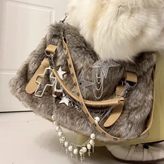 Ingvn  Y2k Gothic Womens Tote Bag Fluffy Harajuku Fashion Chains Patchwork Winter Shoulder Bag Vintage New Large Capacity Handbag