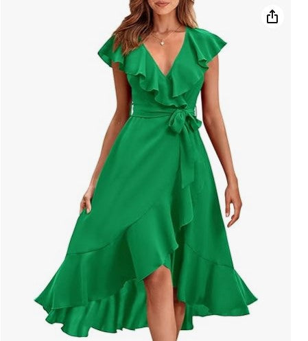 new V-neck short sleeve ruffled long temperament lace-up dress