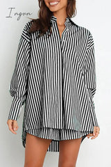 Ingvn - Casual Daily Striped Frenulum Turndown Collar Long Sleeve Two Pieces