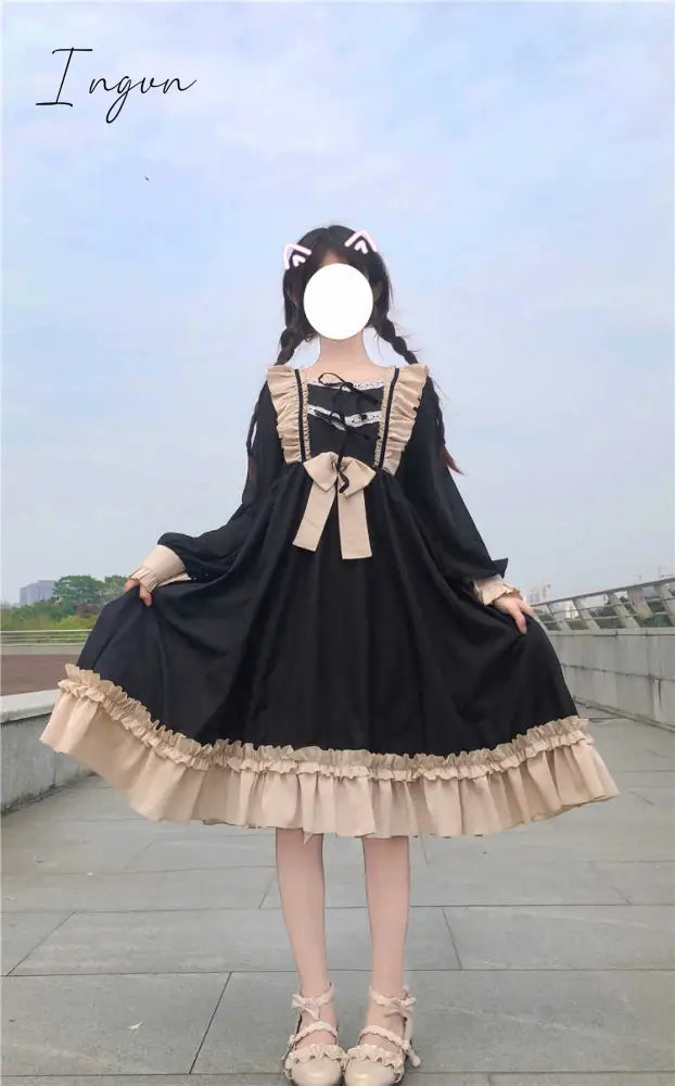 Ingvn - Japanese Harajuku Gothic Bandage Bow Splice Dress Sweet Lolita Girl Cosplay Dress Kawaii Ruffles Bow Women Party Dress