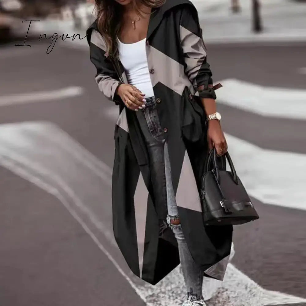 Ingvn - Women's Khaki Striped Plaid Contrast Long Trench Coat