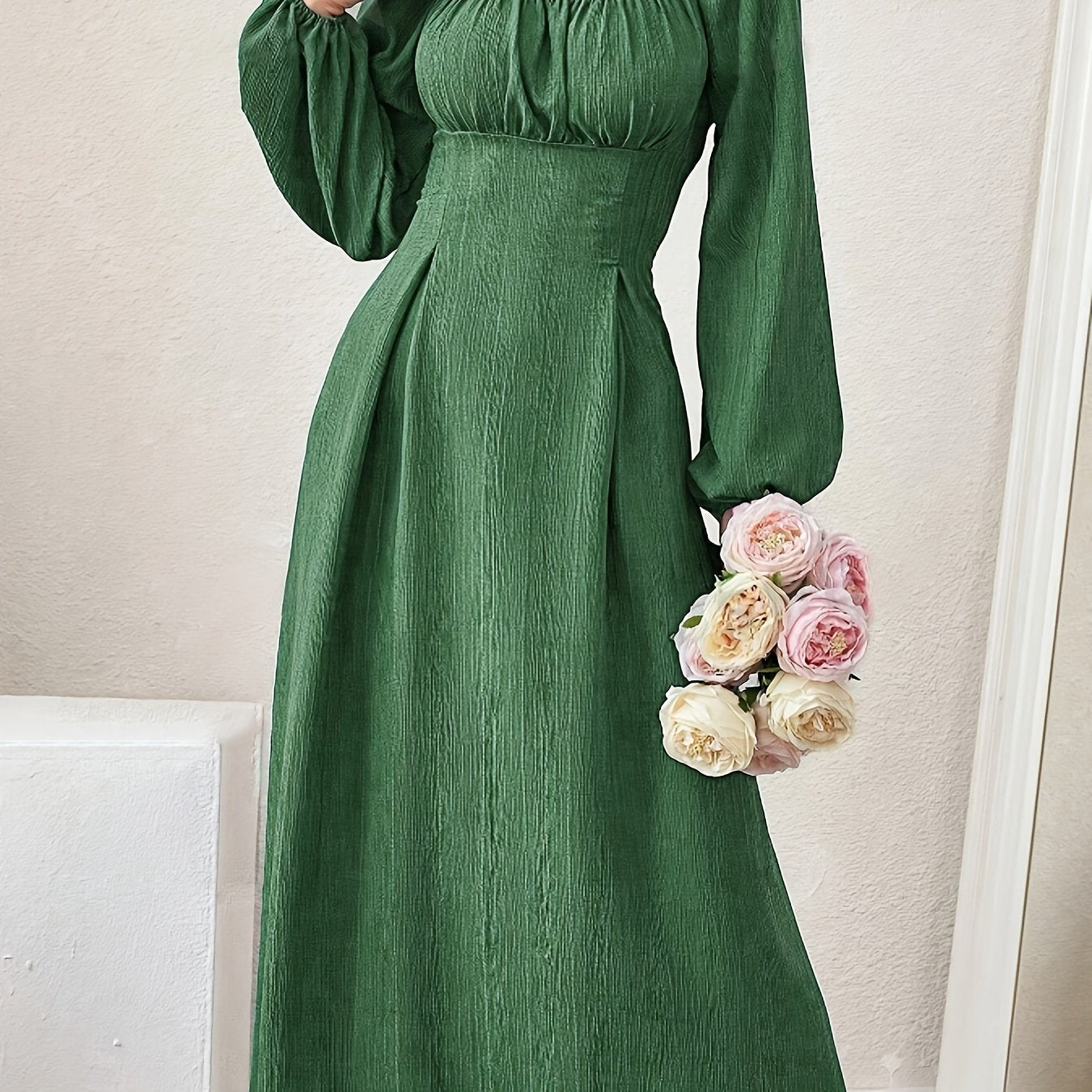 Stunning Textured Cross Tie Lantern Sleeve Midi Dress - Elegant Square Neck, Drawstring Waist, Semi-Sheer, Solid Color, Polyester, Machine Washable, Customized Fitted Design for Women - Perfect for Spring and Fall Seasons