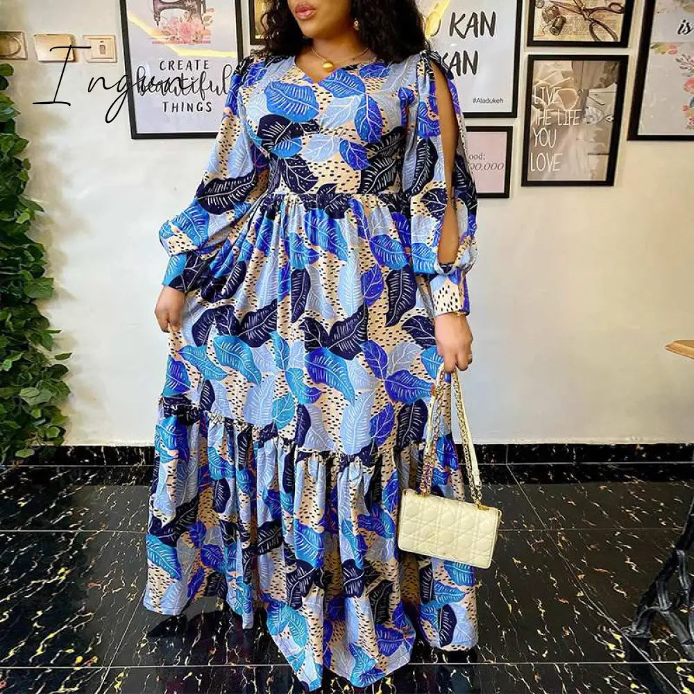 Ingvn - Summer Party Long Maxi Dress Women Long Sleeve Slit Vintage Printed Pleated Bohemian Beach Sundress Casual Vestido