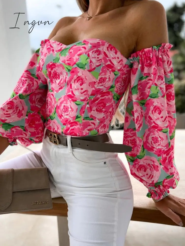 Ingvn - Summer Sexy Off The Shoulder Blous Women Fashion Slash Neck Tube Top Floral Puff Sleeve Blouse Women