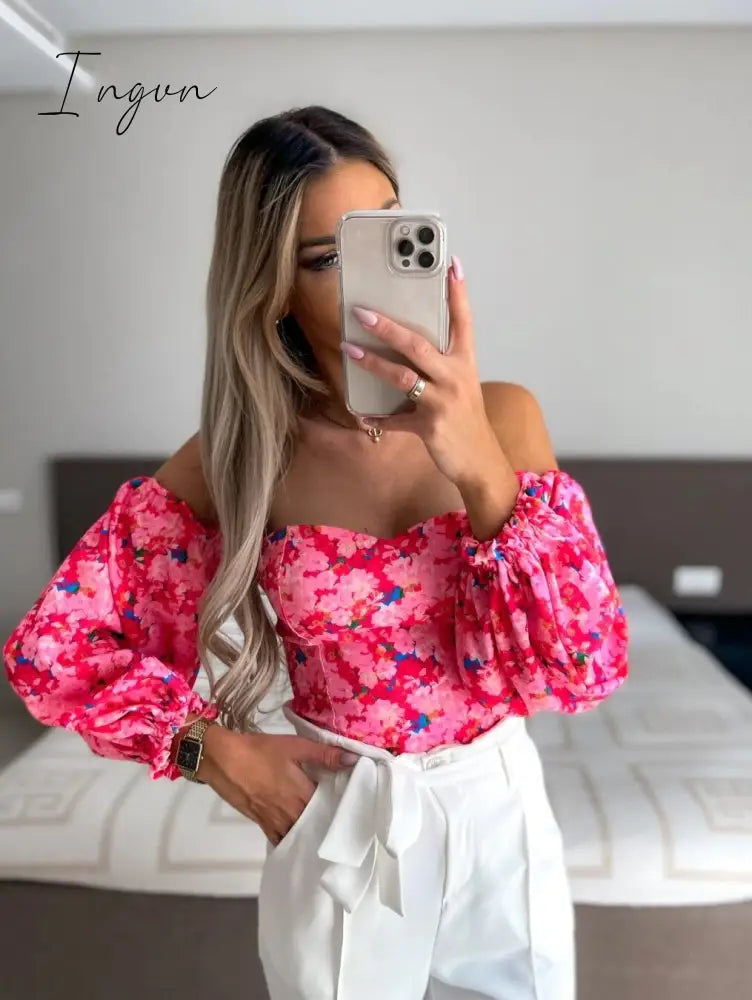 Ingvn - Summer Sexy Off The Shoulder Blous Women Fashion Slash Neck Tube Top Floral Puff Sleeve Blouse Women