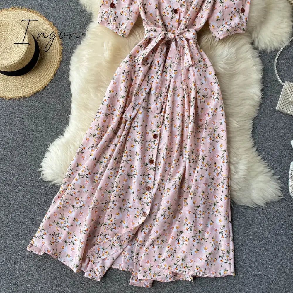 Ingvn - beach Red elegant sexy Dress women Summer Autumn V-neck polka dot midi dress waist split dress vestidos de fiesta clothes