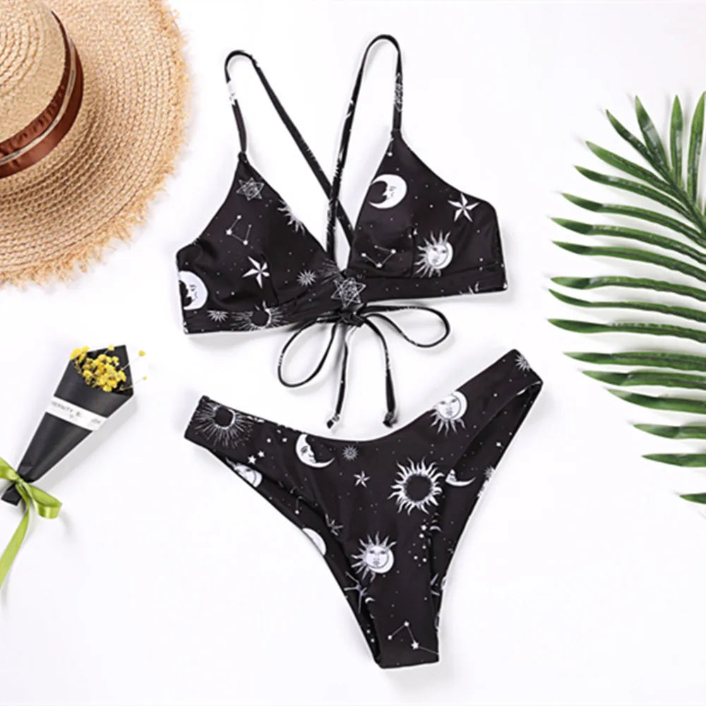 Women Bikini Set Swimsuit Women Starry Sky Moon Flower Fashion Brazilian Bathing Suit Swimwear Lady Summer Hot