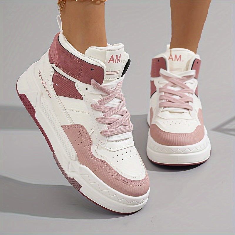 Trendy Women's High-Top Sneakers - Versatile White, Lace-Up Casual Shoes with Thick Sole, Breathable PU Cover & Comfort Fabric