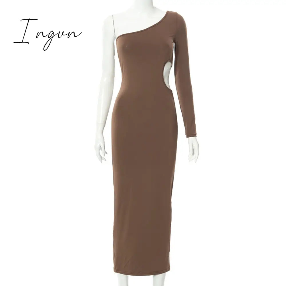 Ingvn - Long Sleeve One Shoulder Sexy Maxi Dress For Women Elegant Cut Out Party Prom Evening Bodycon Long Dresses Fall White Brown