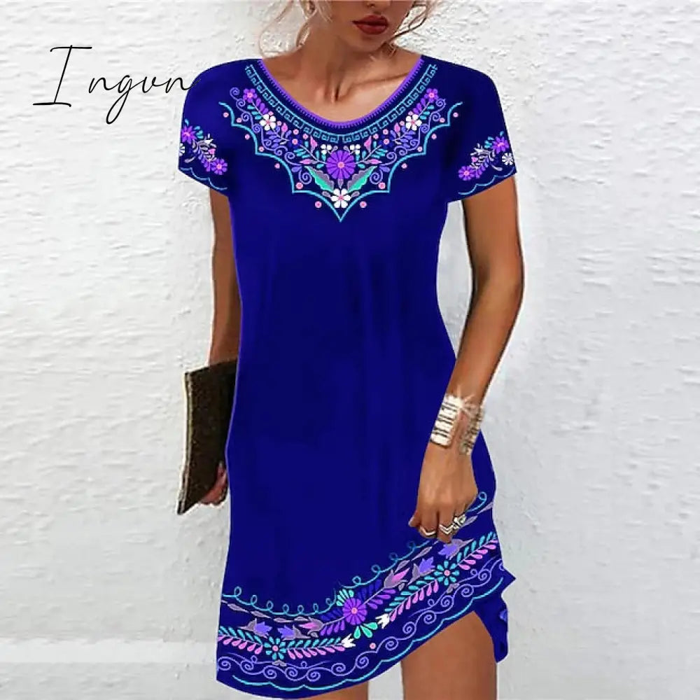 Ingvn - Women's Casual Dress Ethnic Dress Shift Dress Mini Dress Black White Light Green Short Sleeve Floral Print Spring Summer Crew Neck Basic Daily Vacation Loose Fit 2023 S M L XL XXL