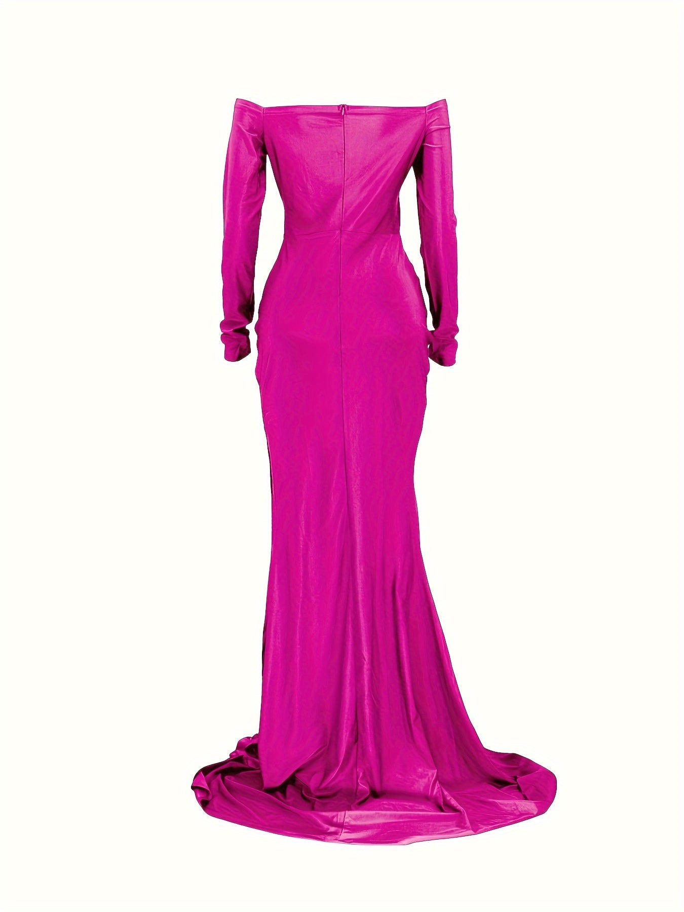 Off Shoulder Split Thigh Dress, Elegant Solid Long Sleeve Floor Length Party Dress, Women's Clothing