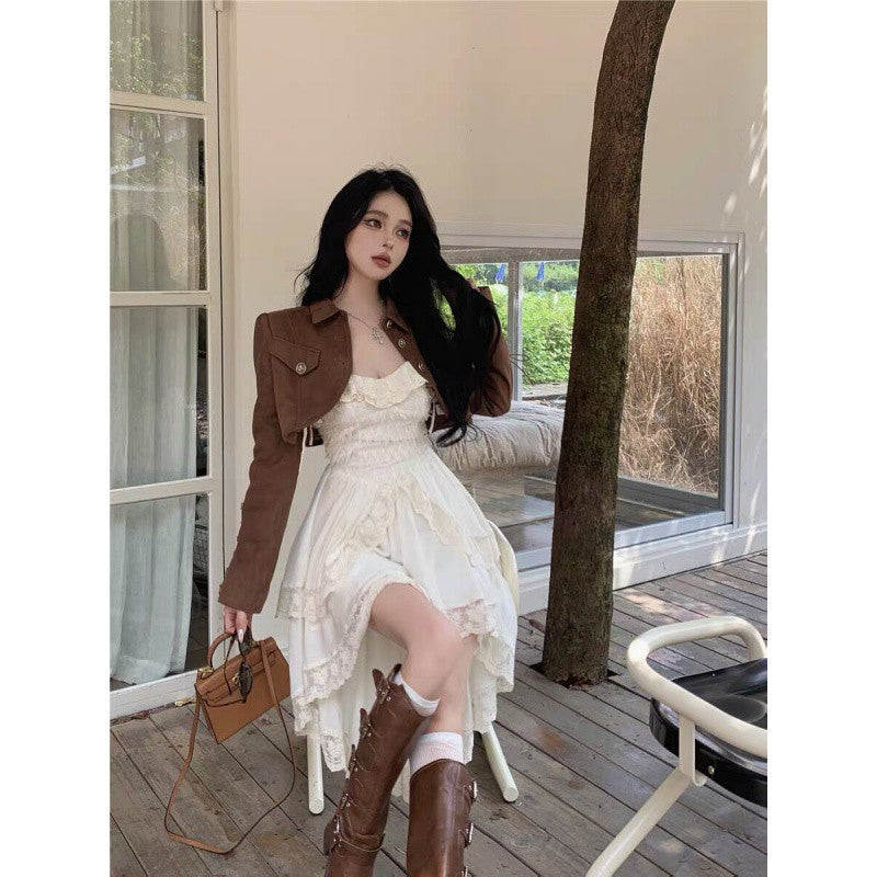 Pphmm 2000s fashion Pure Desire Temperament Sling Dress Women's Early Autumn Popular Suit Retro Motorcycle Short Coat Two-Piece Set