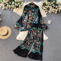 Ingvn - Women's Dress Spring Retro Print Casual Set Design Batwing Sleeve Single Breasted Blouse+High Waist Long Pants Two Piece Suits