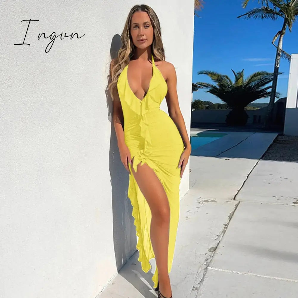 Ingvn - Elegant Backless Ruffles Maxi Dress Women Summer New Halter Sleeveless Pleated Beach Holiday Sexy Club Long Dress