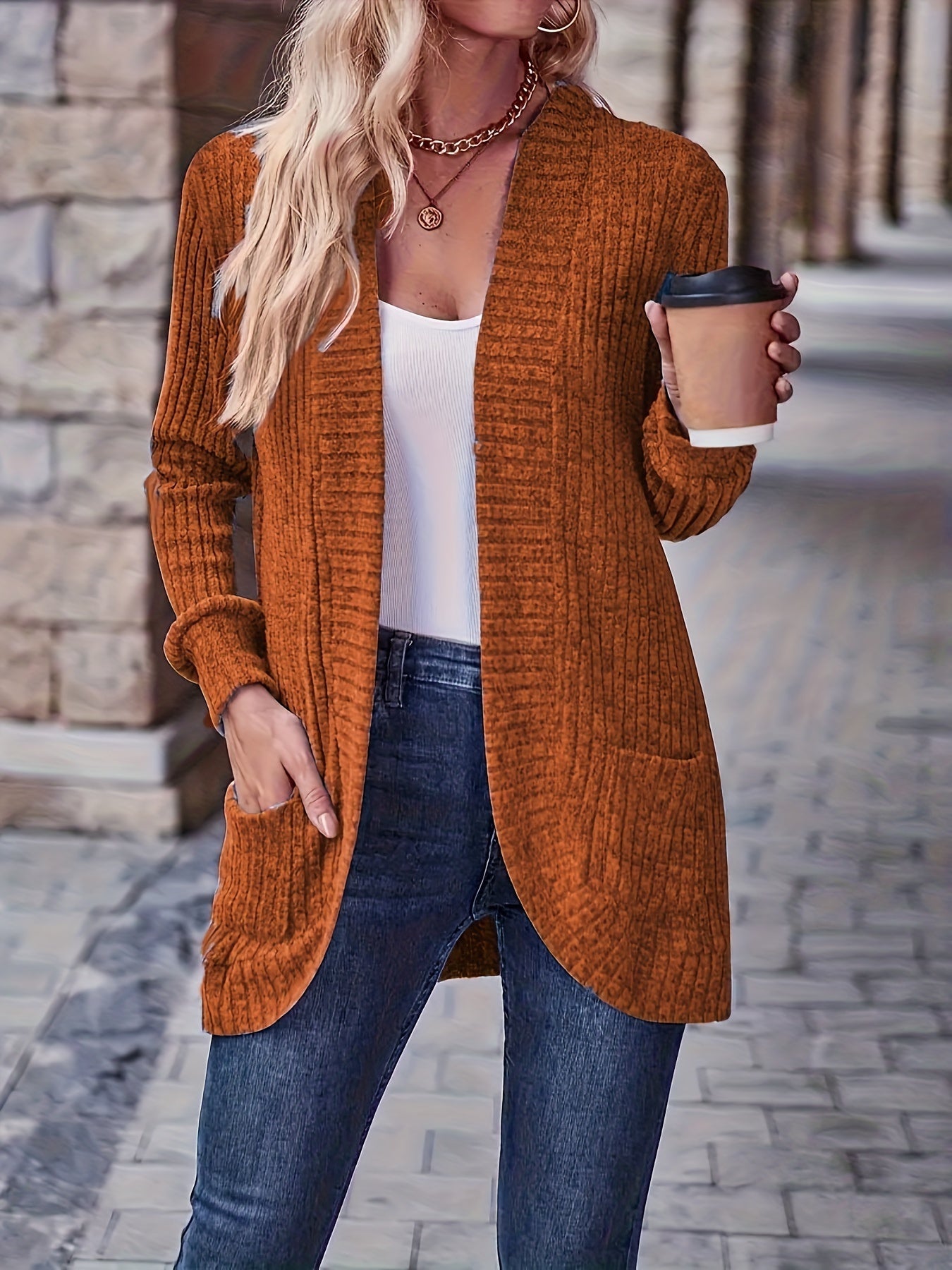 Solid Color Open Front Cardigan, Versatile Long Sleeve Pockets Cardigan For Spring & Fall, Women's Clothing