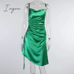Ingvn - Satin Side Split Ruched Women's Dress Sleeveless Square Collar Party Dresses Solid Elegant Clubwear Evening Vestidos
