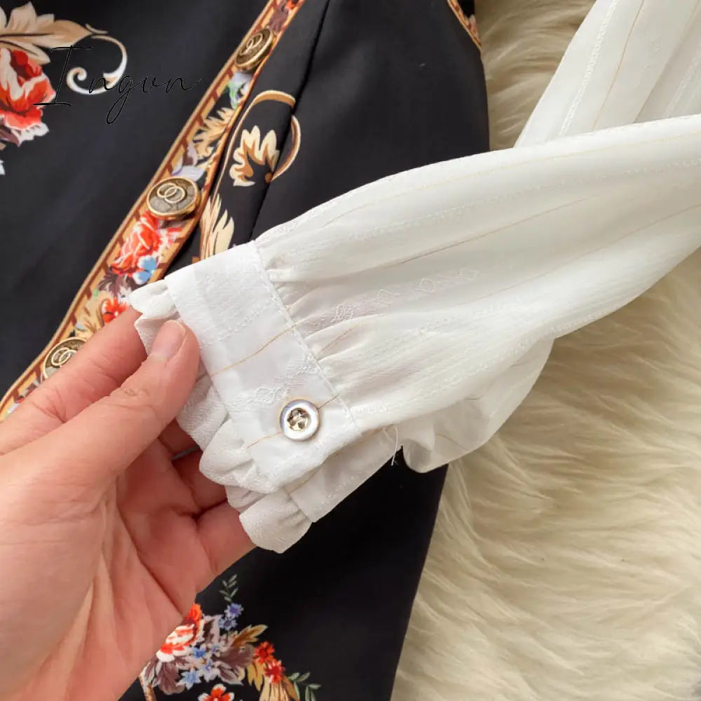 Ingvn - Spring Autumn Elegant 2 Piece Set Overalls Dress Women Bow Collar White Shirt Top+ Irregular Flower Print V-Neck Vest Dress