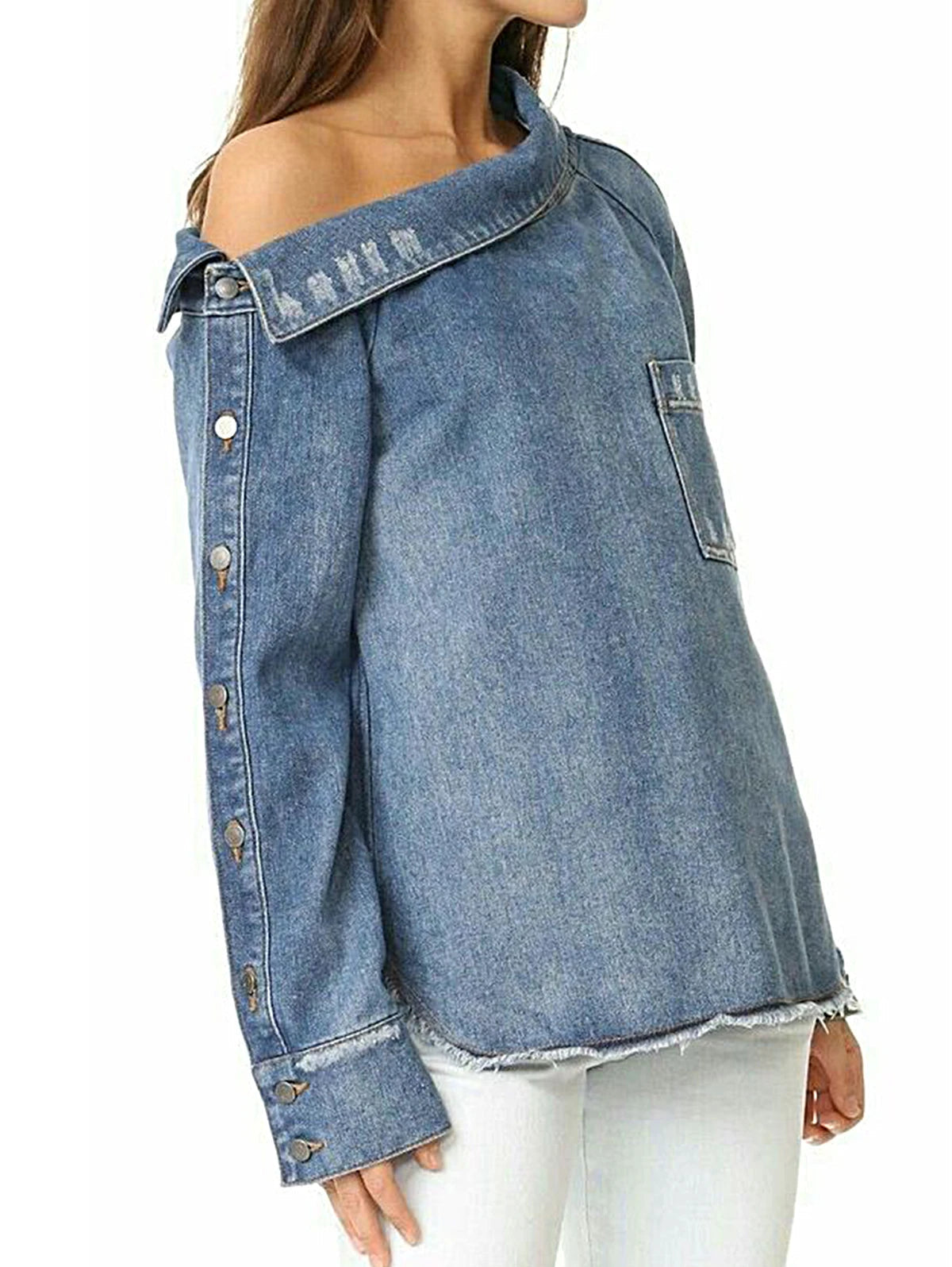 Women Fashion Single Shoulder Asymmetrical Denim Smock Blouse Femme Chic Pocket Buttons Shirt Chemise Blusas Tops