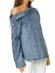 Women Fashion Single Shoulder Asymmetrical Denim Smock Blouse Femme Chic Pocket Buttons Shirt Chemise Blusas Tops
