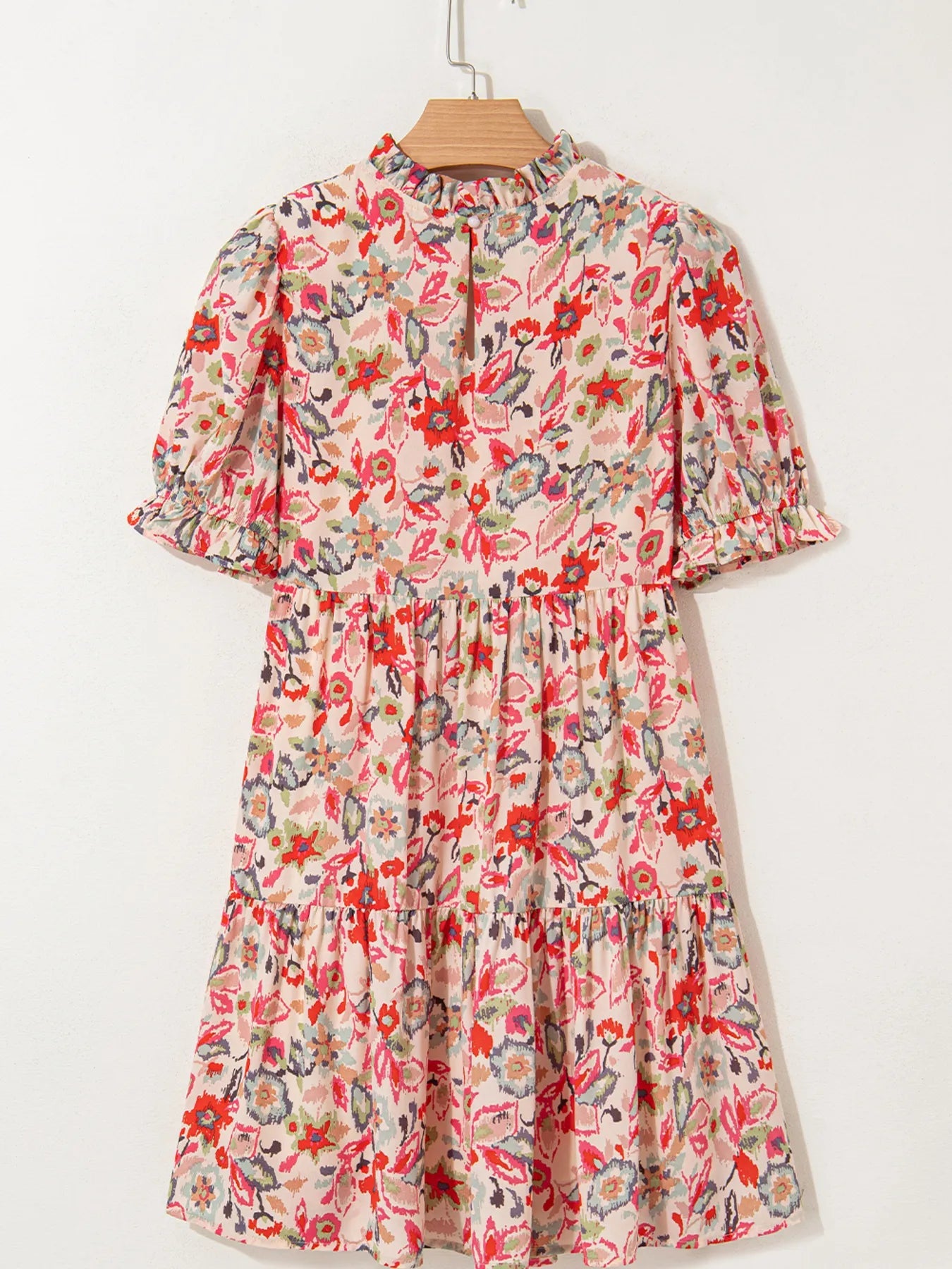 Floral Print Frilled Neck Puff Sleeve High Waist Dress