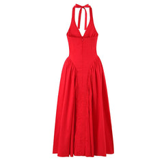 Red Elegant Slim Evening Party Dresses For Women Sexy Backless Low Waist  A-line Midi Long Halter Dress Cotton Robe