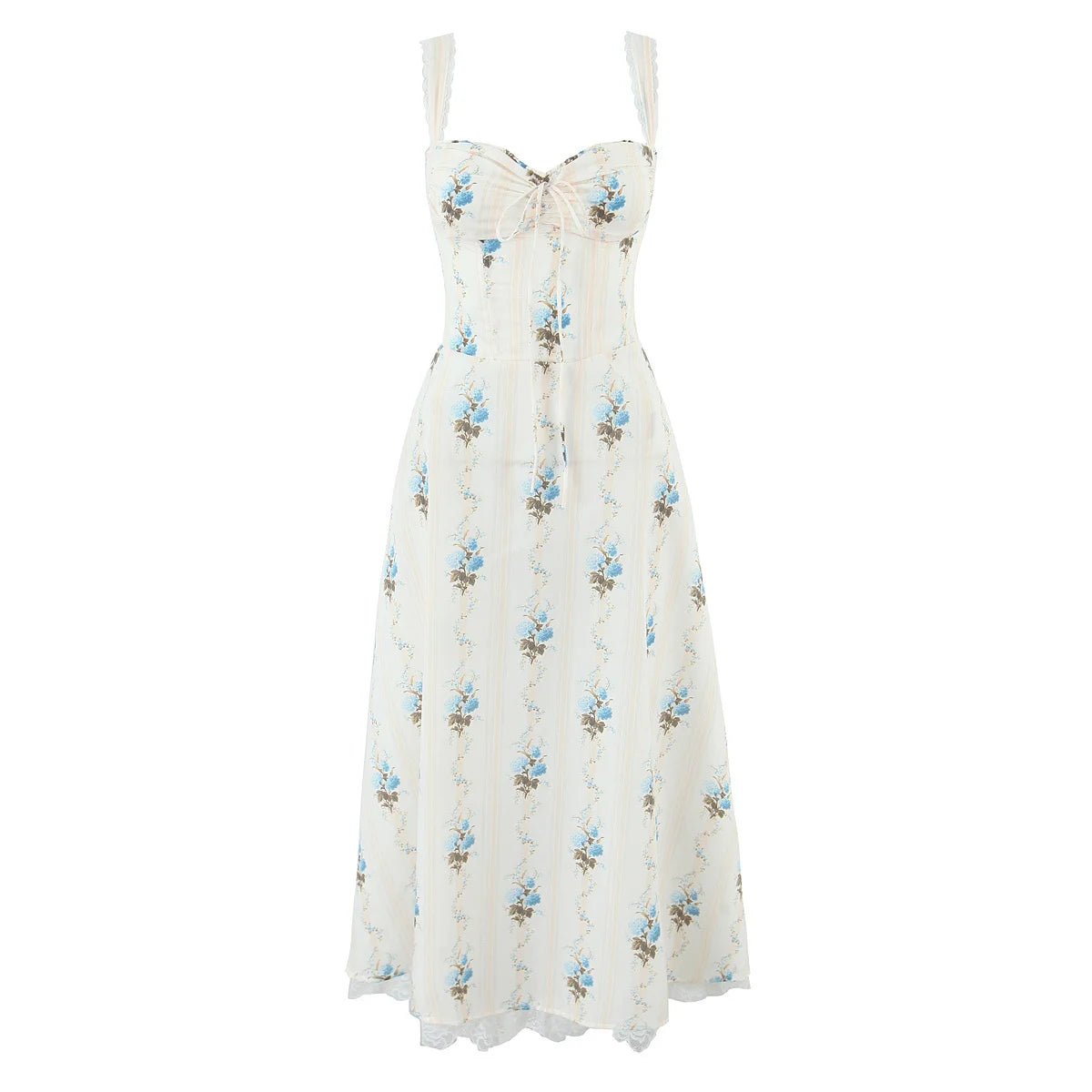 New Fashion Women Floral Print A-line Midi Elegant Party Dresses Sexy Wide Straps Lace Spliced Holiday Summer Dress