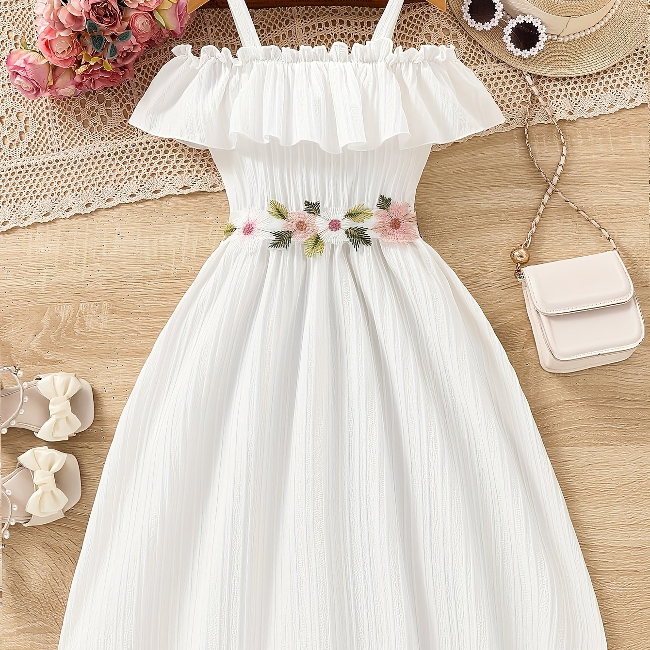 Charming Floral Ruffle Off-Shoulder Suspender Dress - Casual, Elegant, Spring and Summer Essential for Girls - Embroidered Flower Design, Comfortable and Versatile