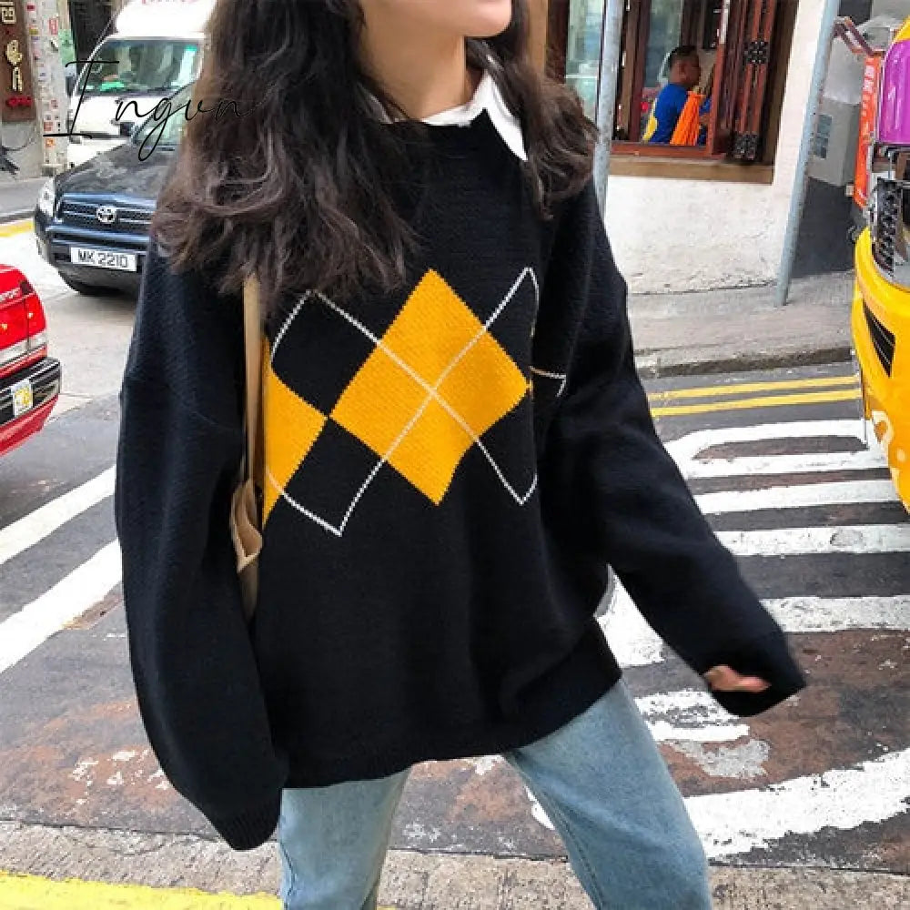 Ingvn - Women Knitted Sweater Fashion Oversized Pullovers Ladies Winter Loose Sweater Korean College Style Women Jumper Sueter Mujer