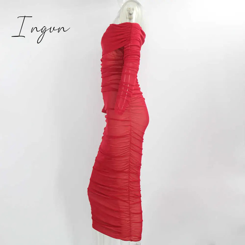 Ingvn - Trends high quality Off Shoulder Ruched Double Layer Mesh Dress Women Long Sleeve Sexy Dresses Ladies Autumn Party Long Christmas Dress