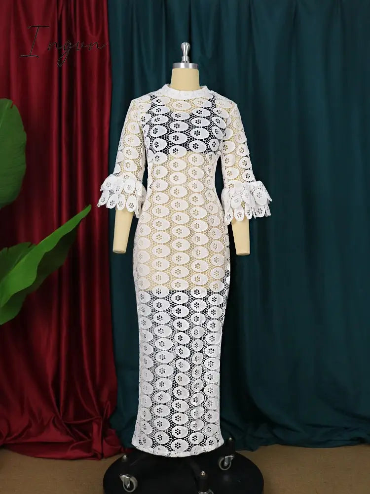 Ingvn - New Fashion African Women Dresses Dashiki Elegant Maxi Long White Lace Hollow Out Muslim Fashion Abayas Robe Abaya Dubai Luxe Party Clothes