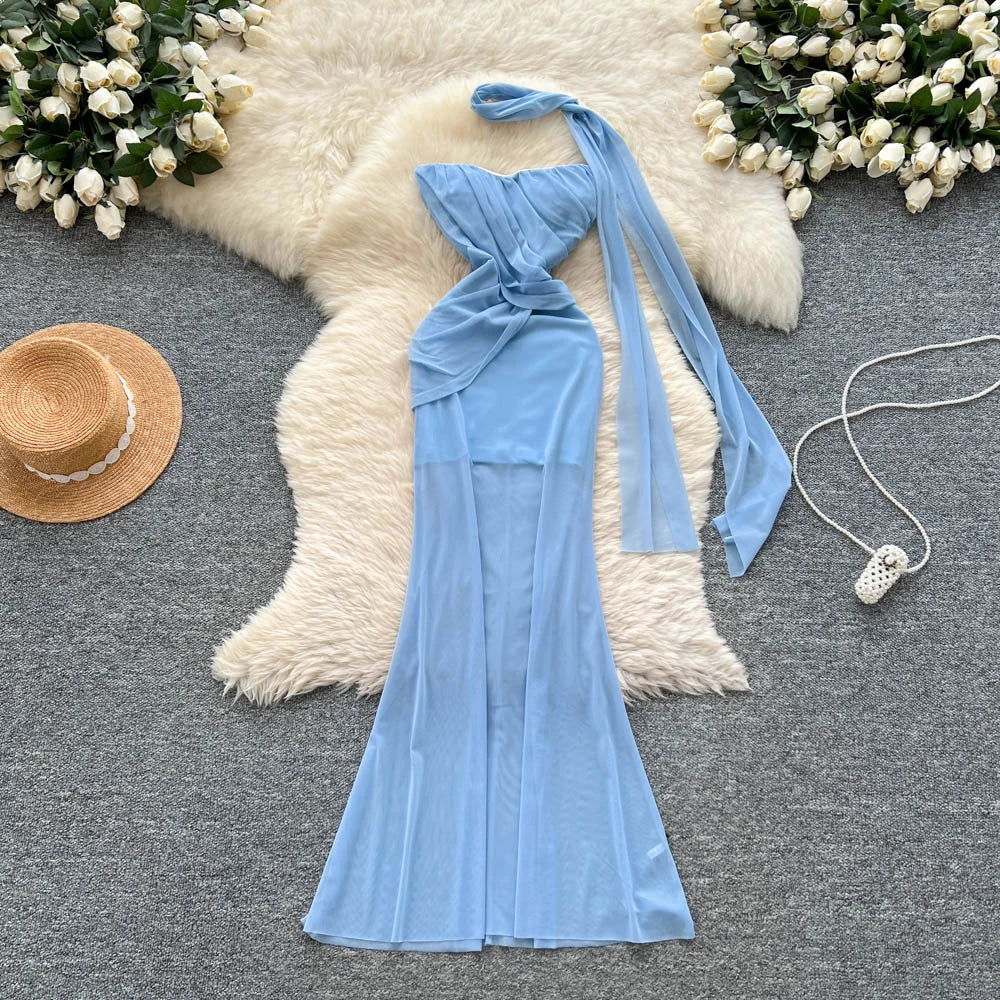 Chic vintage Sexy Strapless mesh sleeveless Fairy Summer  Women Boho Sundress Beach women clothing Long dress