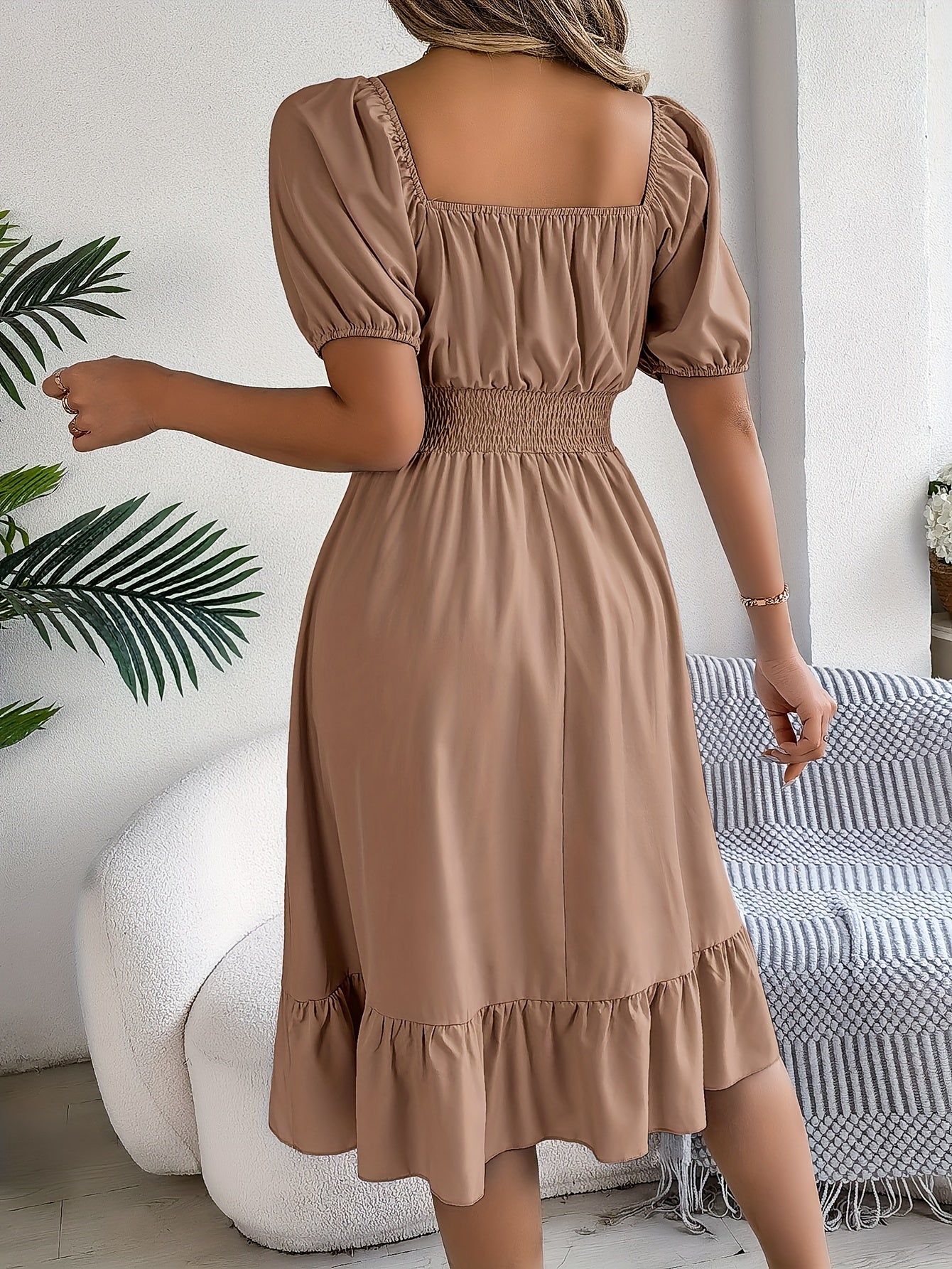 Solid Puff Sleeve Square Neck Waist Dress, Elegant Ruched Bust Ruffle Hem Dress, Women's Clothing Wedding graduation engagement occasion ceremony party holiday vacation birthday