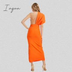 Ingvn - 2023 Fashion Trends Draped Backless Women Side Split Evening Club Party Dress New Sexy V Neck Orange Black Long Bandage Dress Vestidos