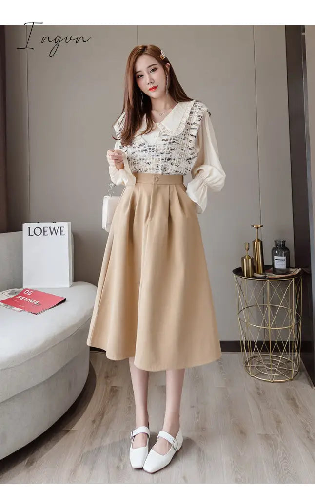 Ingvn - New Spring Summer High Waist Midi Skirt Women Casual Pocket Solid Color Loose A-Line Umbrella Skirt Female Petticoat