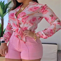 Ingvn - Shorts Sets Women's Summer Suit High Waist Shorts LongSleev Shirts Two Piece Set Printed Leisure Sets Womens Outfits Shorts Set