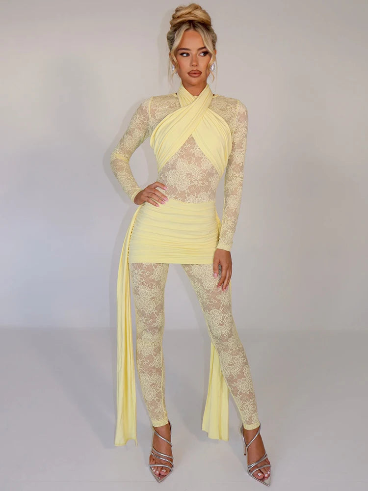 Sexy Lace Jumpsuit Women Sheer Lace Patchwork Long Sleeve Jumpsuits Female Elegant Draped Ruched Skinny Jumpsuit