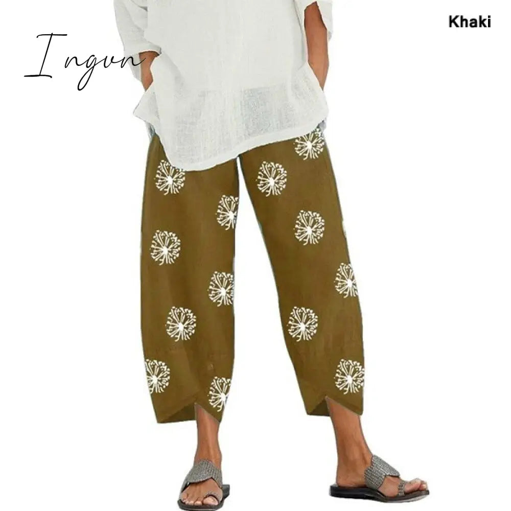 Ingvn - Vintage Harem Pants Women Casual Loose Printed Elastic Waist Cotton Linen Wide Leg Pants Summer Irregular Pantalon Cropped Pants
