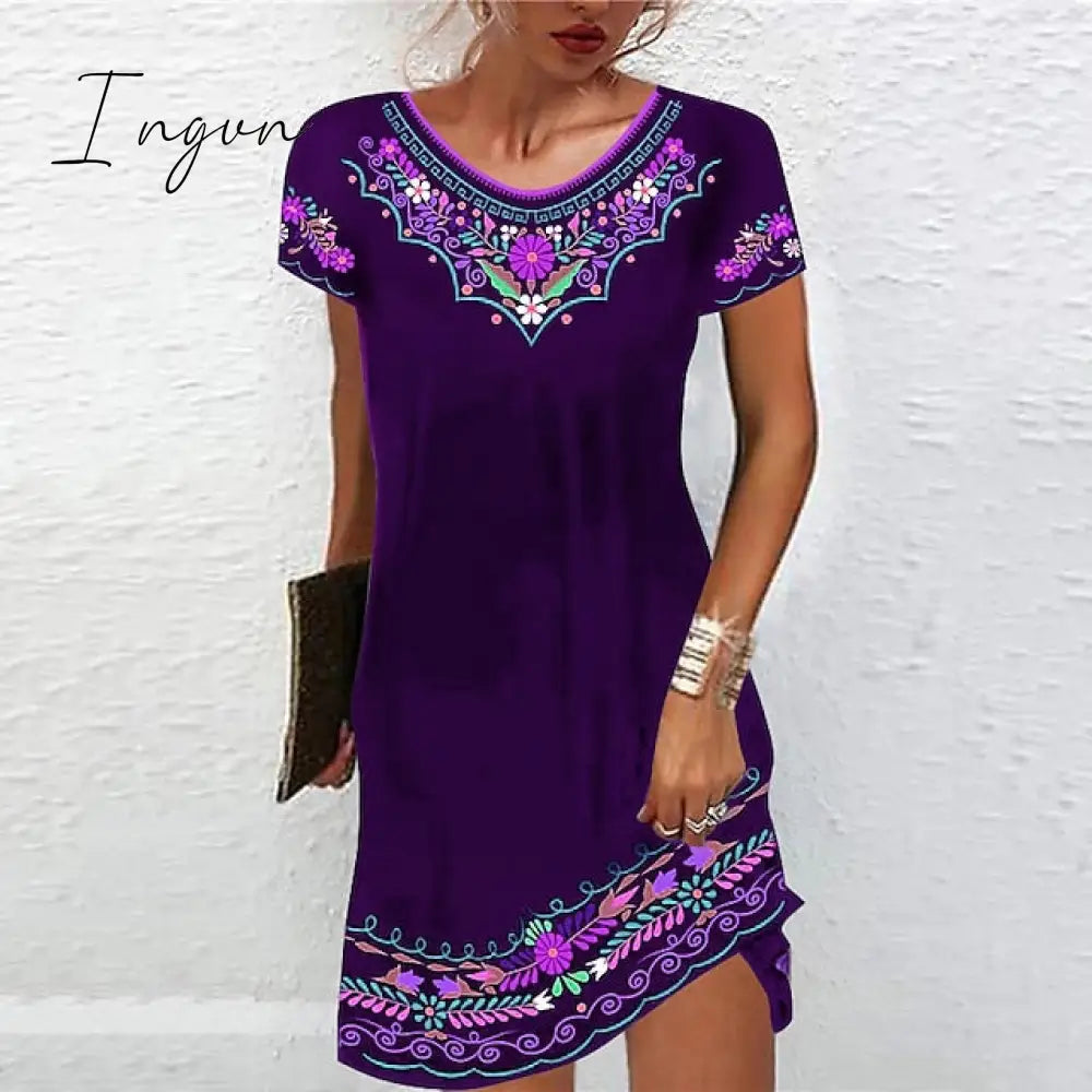 Ingvn - Women's Casual Dress Ethnic Dress Shift Dress Mini Dress Black White Light Green Short Sleeve Floral Print Spring Summer Crew Neck Basic Daily Vacation Loose Fit 2023 S M L XL XXL
