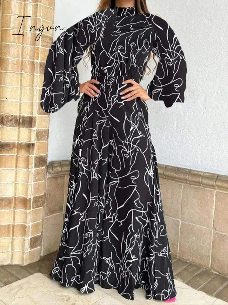 Ingvn - Summer European and American Women's Dress Elegant Waist Tie up Long Sleeve Hanging Neck Pants Print Jumpsuits