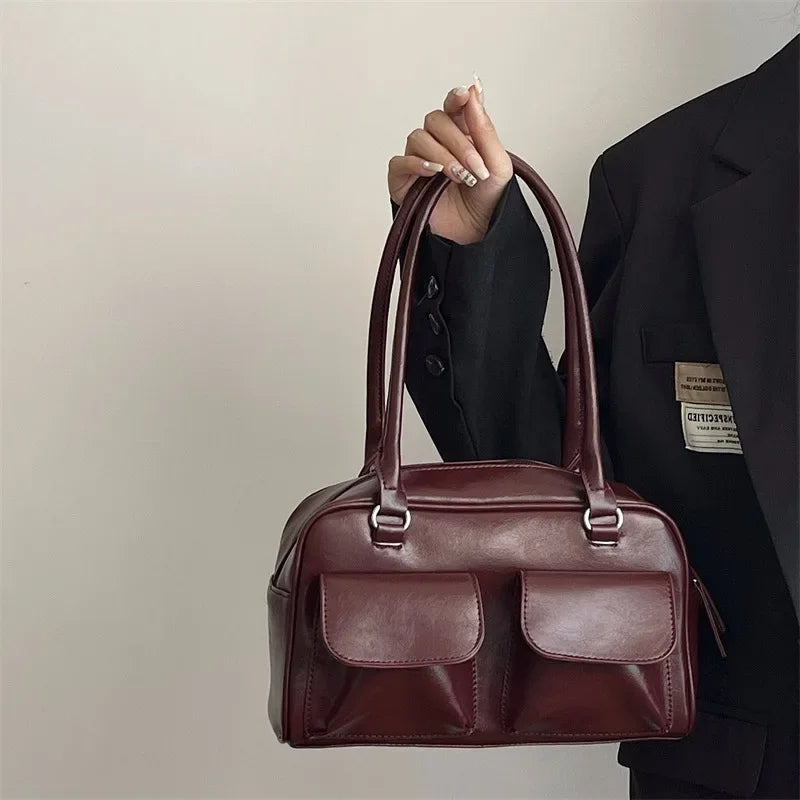 INGVN  Vintage Women Business Shoulder Bags Simple Ladies Commute Tote Bag Pu Leather Female Underarm Bag Burgundy Large Handbags Purse