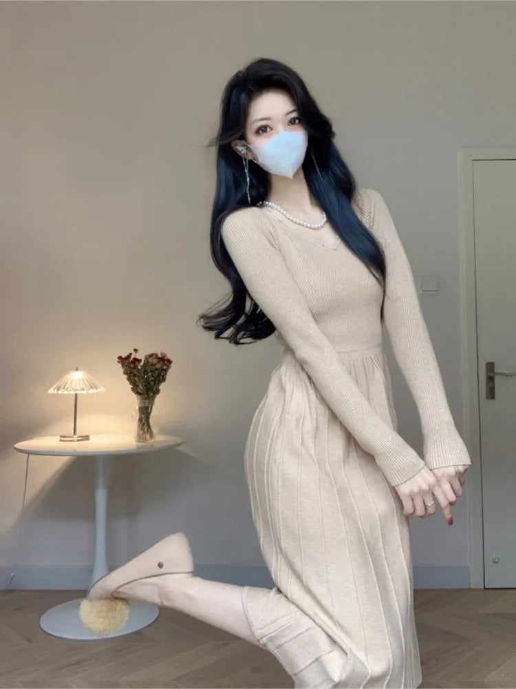 Elegant Casual Pleated Knitted Dress for Women Korean Autumn Slim A Line Sweater Dresses Long Sleeve One Piece Female Clothes