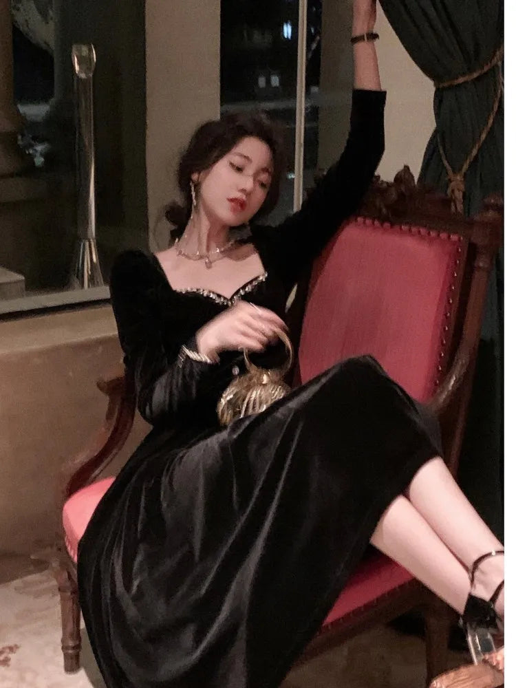 Vintage Velvet Women's Dresses Autumn Black Bodycon Evening Party Dress Korean Style Elegant Long Sleeve Graduation Vestidos