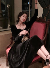 Vintage Velvet Women's Dresses Autumn Black Bodycon Evening Party Dress Korean Style Elegant Long Sleeve Graduation Vestidos