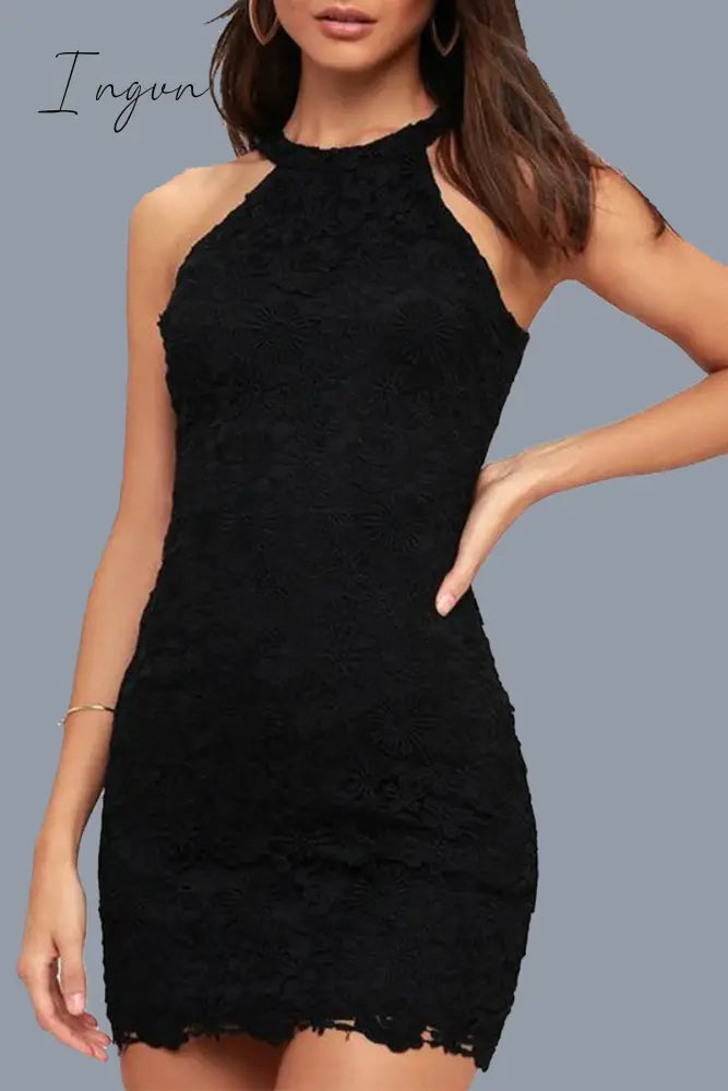 Ingvn - Sexy Solid Jacquard Lace Halter Wrapped Skirt Dresses