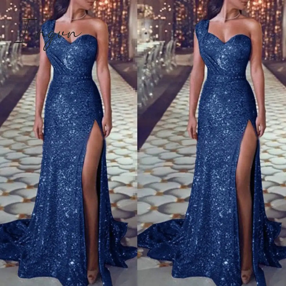 Ingvn - Big 5XL Fashion Women Dress Sequin Prom Party Fork Opening Ladies Dresses Ball Gown Sexy Gold Evening V-Neck Long Women Dress