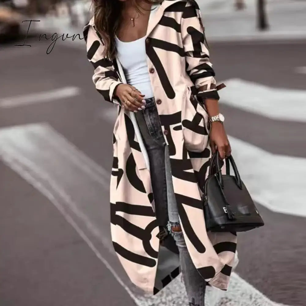 Ingvn - Women's Khaki Striped Plaid Contrast Long Trench Coat