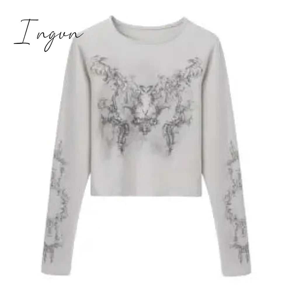 Ingvn - Vintage Women Clothes Y2k T-shirts 2023 Blusas Mujer De Moda O-neck Long Sleeve Print Tunic Woman Tshirts Fashion Casual Tops