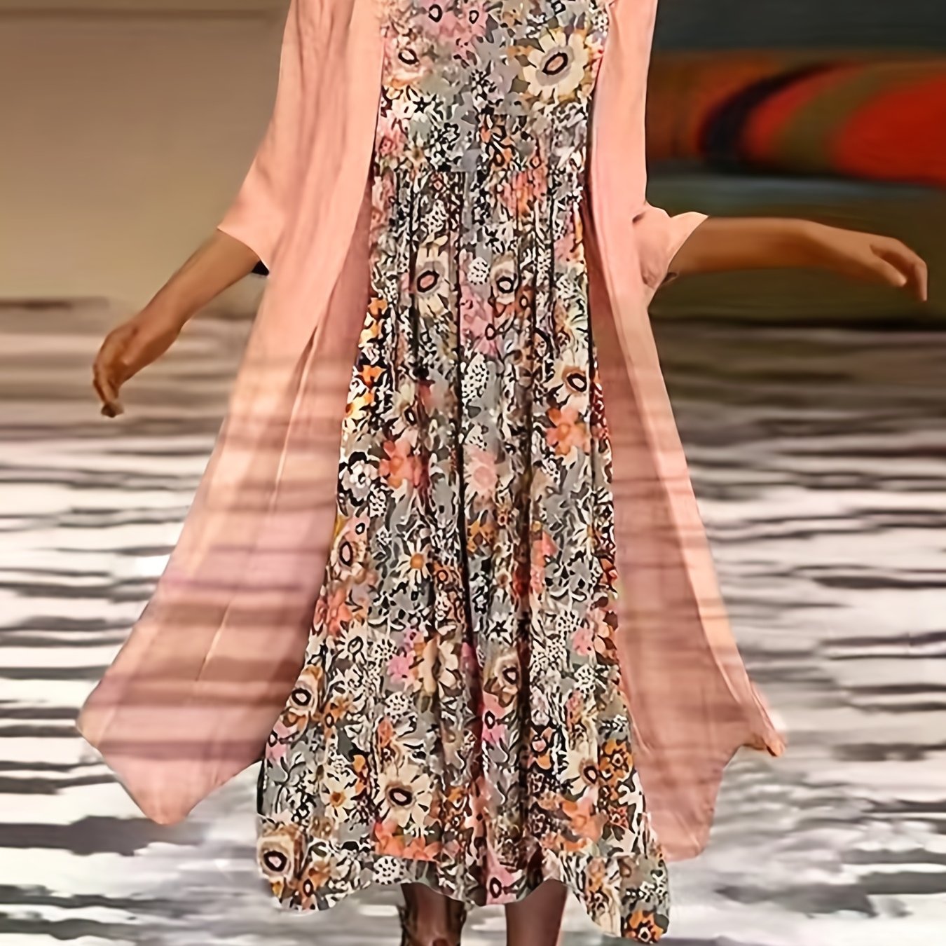 Plus Size Outfits Set, Women's Plus Floral Print Round Neck Tank Dress & Long Sleeve Coat Outfits Two Piece Set